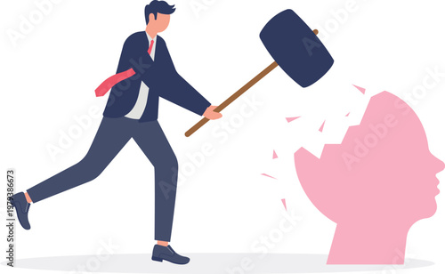 Professional breaking a giant human head with a hammer