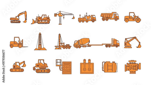 Construction Equipment Icons: An array of various construction machines, each uniquely designed, offering a comprehensive glimpse into the world of infrastructure and industrial operations.