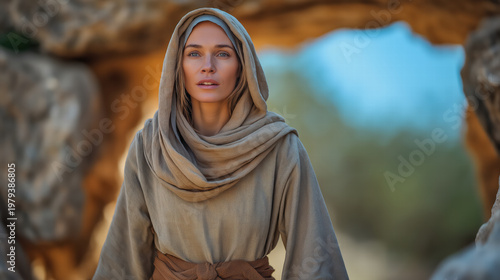 Mary Magdalene standing beside the empty tomb of Jesus at dawn, filled with wonder and sorrow in a quiet biblical resurrection scene
