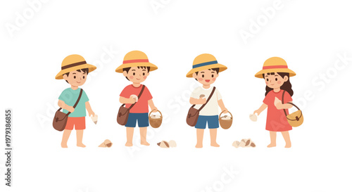 Four adorable young children wearing sun hats and carrying bags enjoy a fun day outdoors collecting various seashells on the beach together.
