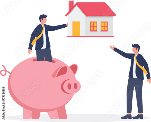 Professional sitting on a piggy bank giving a house