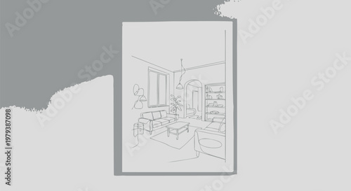 Minimalist single line drawing of a modern living room interior displayed inside a thin black frame hanging on a white wall showing a sofa table and bookshelves in a clean style