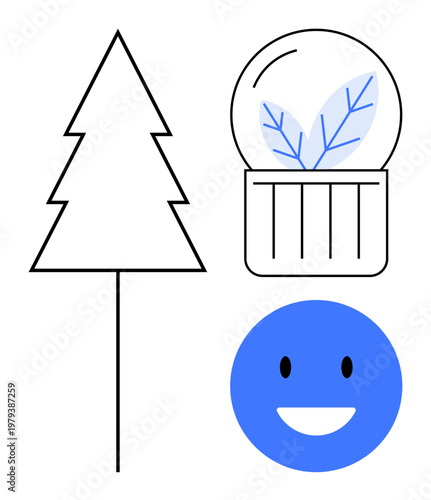 Winter , happy emotion, holiday design, decoration, minimalism, seasonal vibes. Simple elements including tree outline, snow globe with branches and smiling face. Winter themes and happy emotion