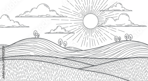 Hand drawn coloring page showing a peaceful rural landscape with rolling hills small trees and a bright shining sun in the sky creating a relaxing scene for children and creative adults