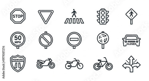 Collection of traffic and road signs icons.
