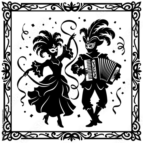 Festival flags over doorway and cafe table silhouette