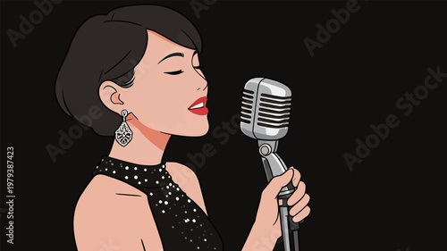 Vintage Female Singer Performing with Retro Microphone