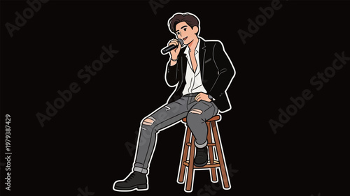 Illustrated Male Performer Singing on Stool
