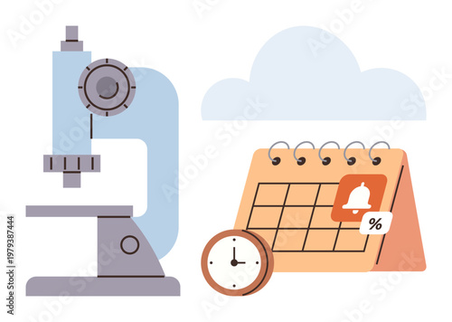 Science planning, lab management, research deadlines, medical scheduling, academic tracking, time organization. Microscope with calendar and clock under a cloud. Science planning and lab management