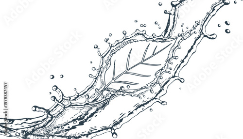 A refreshing and dynamic splash of crystal clear water gracefully outlines the silhouette of a delicate leaf, symbolizing purity, environmental freshness, and the vital essence of natural hydration.