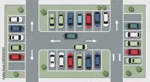 Aerial view of a busy parking lot with many cars.