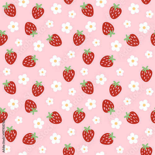 Strawberry Floral Seamless Pattern with Daisy Flowers on Pink Background for Fabric Design