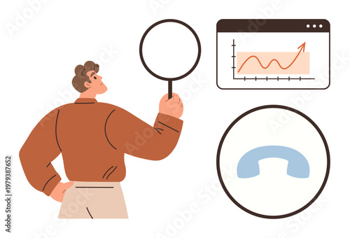 Business strategy, data analysis, communication, growth trends, customer perception, organizational tools. Person holding a magnifier near growth graph and phone icon. Business strategy and data