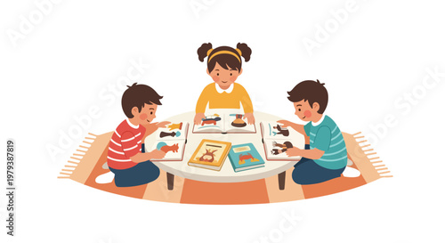 Three young children are sitting around a small table on a rug, happily reading colorful storybooks together in a cozy setting.