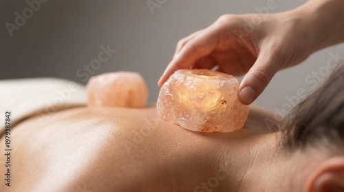 Therapist places warm Himalayan salt stones on a client's back for a relaxing massage