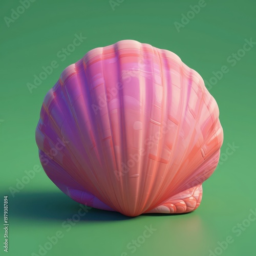 Vibrant Pink Seashell with Gentle Gradients and Fine Textures, Isolated Against a Solid Green Background