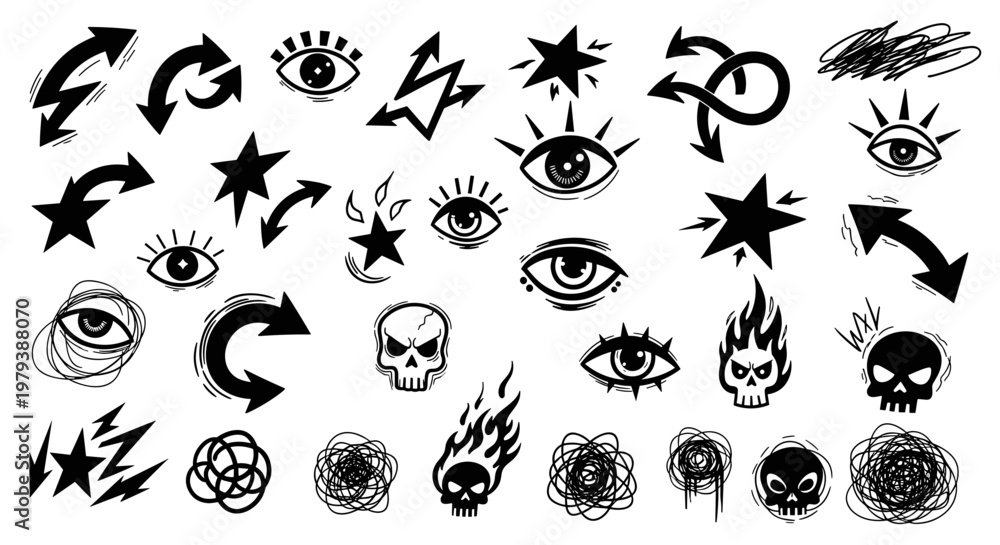 Fototapeta premium punk, doodle Tattoo, icons, symbols, black, vector graphics isolated on White Background grunge, sketch, icons