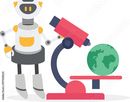 Robot analyzing an idea bulb under a microscope