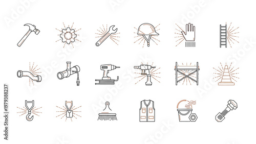 Essential Construction Icons: A comprehensive set of construction icons, symbolizing the fundamental tools and equipment of the industry.
