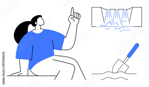 Water conservation, environmental sustainability, resource management, education, innovation, awareness. Person gesturing next to a water system and shovel. Water conservation and environmental