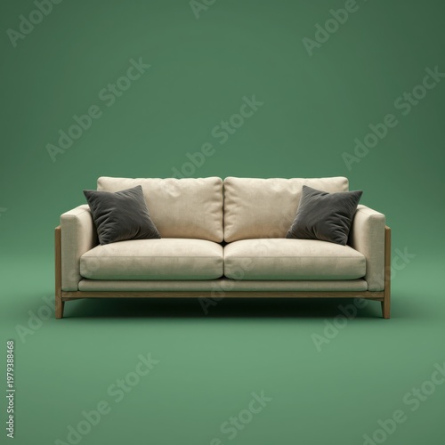Modern Beige Fabric Sofa with Wooden Legs and Dark Gray Throw Pillows Isolated on Green Studio Background for Interior Design Catalogs and Furniture Marketing Materials.