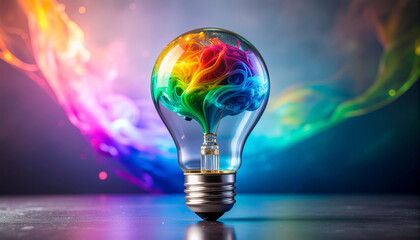 Creative Brain Idea Inside Rainbow Colors Glowing Light Bulb