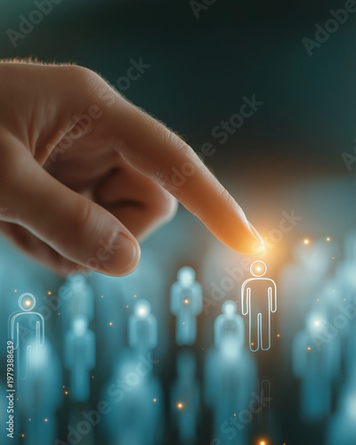 The Ideal Choice: A pointed finger designates the perfect candidate within a crowd of figures, highlighting the concept of choice, talent selection, and human resources. 