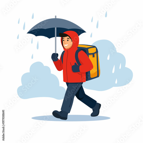 Flat vector illustration of a courier delivering packages in rainy weather with umbrella, representing delivery service in bad conditions and reliable logistics.
