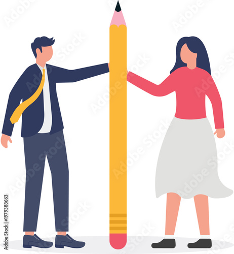 Professional man and woman holding a giant pencil