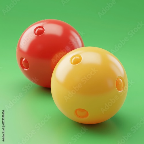 Two Glossy Plastic Balls with Circular Holes on a Vibrant Green Background, Ideal for 3D Render or Product Visualization