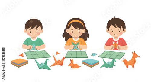 Three young children are sitting at a long table, focused on creating various colorful origami paper animals in a craft class setting.