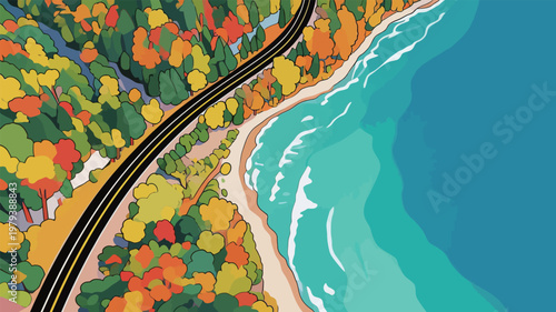 Aerial View of Coastal Highway with Autumn Forest