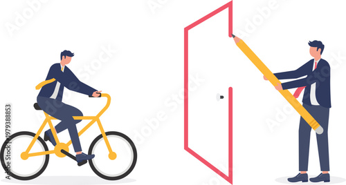 Professional cycling towards a giant door being drawn