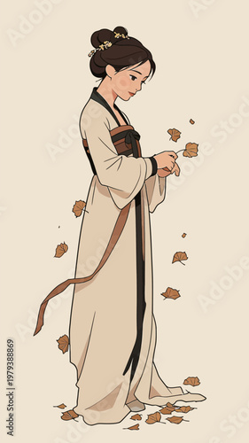 Vintage-style Chinese Woman with Autumn Leaves
