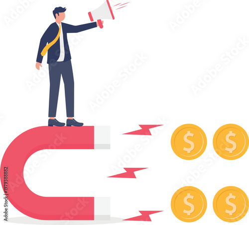 Professional with a giant magnet pulling coins