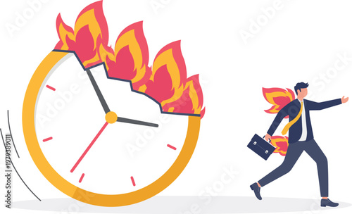 Giant clock on fire with a professional running away