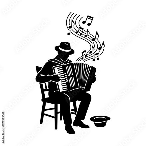 Seated accordion busker with floating music notes