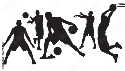 Basketball player silhouettes set, male athletes playing basketball in various action poses, black vector figures of sports men dribbling and dunking