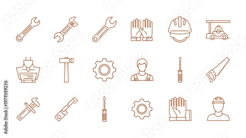 Construction Icons: An organized set of construction icons, symbolizing the various tools and equipment used in construction, engineering and maintenance tasks.