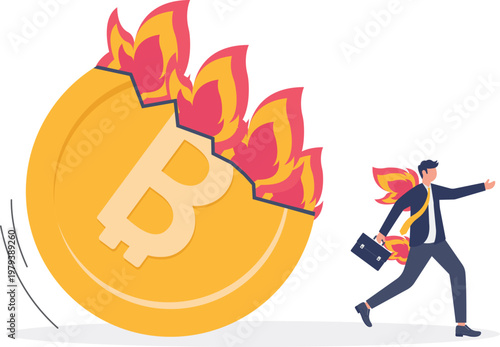 Giant Bitcoin on fire with a professional running away