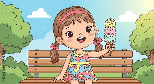Little girl eating ice cream outdoors.
