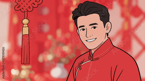 Young Man in Traditional Chinese Red Outfit