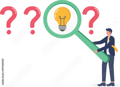 Professional with magnifying glass checking idea bulbs