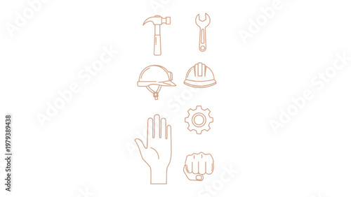 Construction Tools & Elements: A minimalist array of construction tools, including a hammer, wrench, helmets, hand, gear, and fist, elegantly arranged against a neutral backdrop.