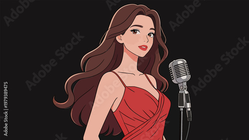 Beautiful Woman Singing with Retro Microphone