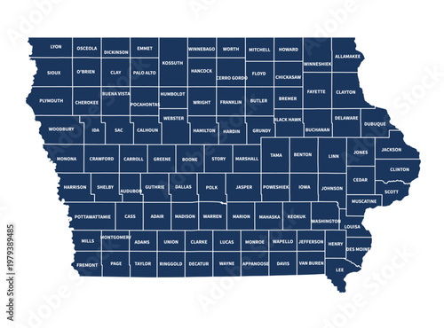 Tableau sur toile Iowa Counties Map with Labels, Editable Vector