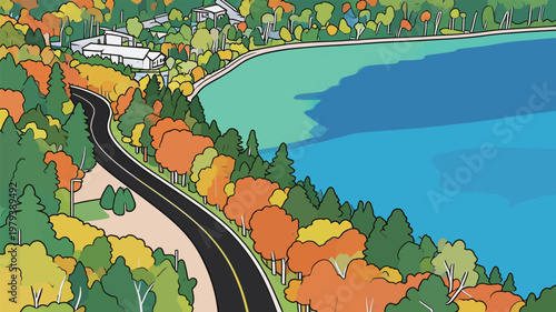 Scenic Road Through Colorful Autumn Forests by Lake