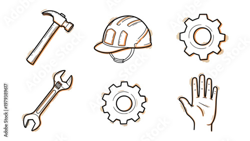 Construction Tools and Gear: A comprehensive illustration of construction tools and safety gear essential for any construction site, emphasizing the fundamentals of building and craft.