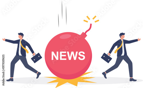 Professionals running away from a red news bomb