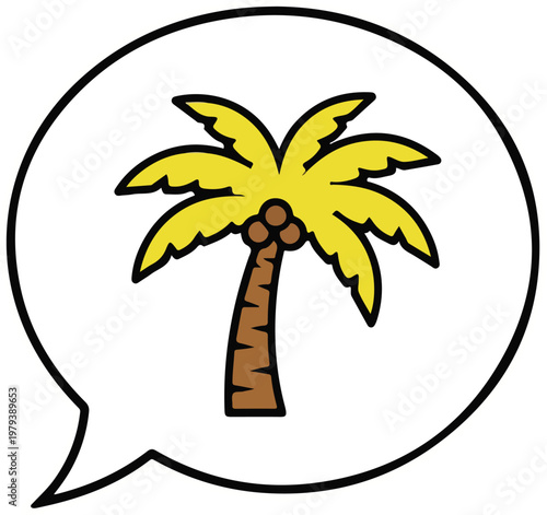 Cartoon palm tree in speech bubble.